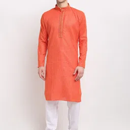 Jompers Men Red Woven Designed Straight Kurta-image-6