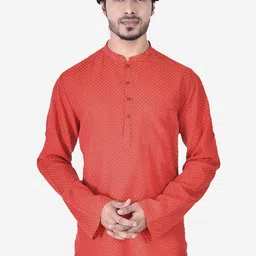 Manthan Men Red Thread Work Short Kurta-image-1