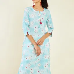 Soch Floral Printed Notch Neck Thread Work Straight Linen Kurta-image-73