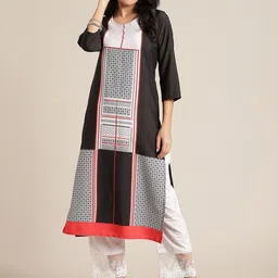 KSUT Women Black & White Geometric Printed Straight Kurta-image-49