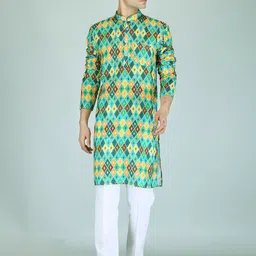 FUBAR Geometric Printed Band Collar Long Sleeve Straight Kurta-10