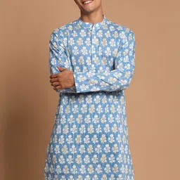 SHVAAS by VASTRAMAY Men Blue Printed Thread Work Sustainable Kurta-image-56