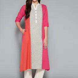 Pistaa Women Pink & Orange Striped A-Line Kurta-picture-15