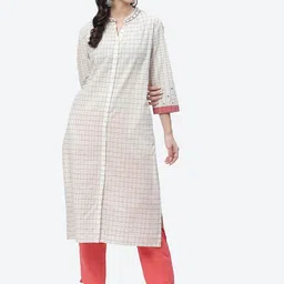 Biba Women White Checked Thread Work Kurta-image-4