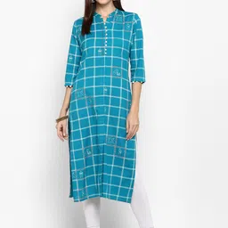 KALINI Women Blue Checked Thread Work Kurta-image-98