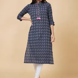 Globus Blue Woven Design Band Collar Thread Work Pure Cotton Kurta-image-16
