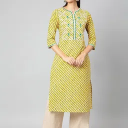 JAIPUR ATTIRE Women Yellow & Olive Green Embroidered Leheriya Straight Kurta-image-49