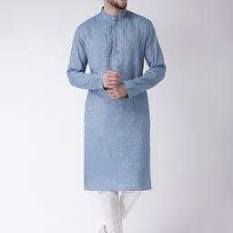 TABARD Men Blue Printed Mandarin Collar Silk Blend Kurta-picture-33