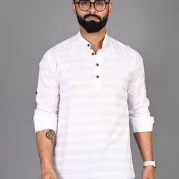 FUBAR Striped Band Collar Roll-Up Sleeves Short Kurta-52