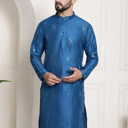 SOJANYA Embellished Mirror Work Detailed Band Collar Cotton Silk Kurta-image-23