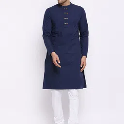 Hypernation Men Navy Blue Thread Work Pure Cotton Kurta-picture-31