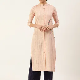 VAABA Women Pink & Brown Embroidered Thread Work Pastels Kurta-image-7