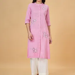 RANGMANCH BY PANTALOONS Floral Embroidered Thread Work Mandarin Collar A-Line Kurta-13