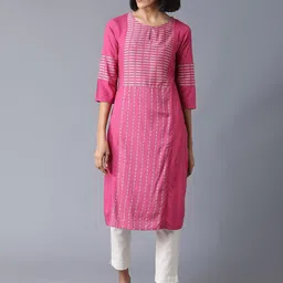 W Women Pink Geometric Printed Keyhole Neck Kurta-image-84