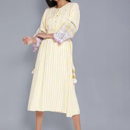 W Women Yellow & White Striped Flared Sleeves Kurta-image-17
