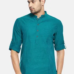 indus route by Pantaloons Men Teal Solid Thread Work Kurta-image-78