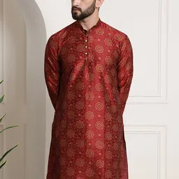SOJANYA Floral Woven Design Mandarin Collar Silk Cotton Kurta-image-23