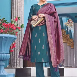 Kedar Fab Ethnic Motifs Woven Design V-Neck Straight Kurta With Trouser & Dupatta-image-97