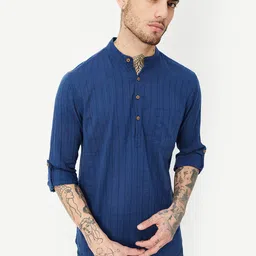 max Striped Roll-Up Sleeves Mandarin Collar Pure Cotton Short Kurta-picture-37
