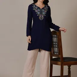 AURELIA Floral Embroidered Thread Work V-Neck A-Line Kurti-picture-56