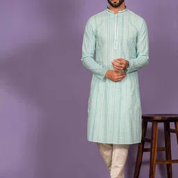 KISAH Men Green & White Striped Kurta-picture-50