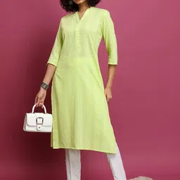 Vishudh Lime Green Striped Mandarin Collar Pure Cotton Kurta-47