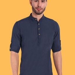 Springberry Mandarin Collar Roll-Up Sleeves Pure Cotton Straight Short Kurta-picture-44