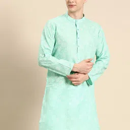 Anouk Green Floral Printed Mandarin Collar Silk Blend Kurta-image-84