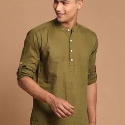 VASTRAMAY Men Olive Green Solid Cotton Blend Kurta-image-77