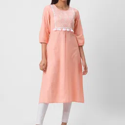 Globus Women Peach-Coloured Yoke Design Thread Work Kurta-image-52