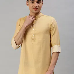 Cross Court Geometric Woven Design Mandarin Collar Pure Cotton Straight Kurta-image-89