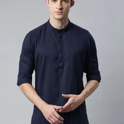 Cross Court Geometric Woven Design Mandarin Collar Cotton Short Straight Kurta-picture-56