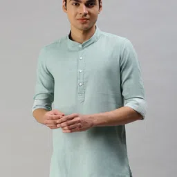 Cross Court Geometric Woven Design Mandarin Collar Pure Cotton Straight Kurta-image-95