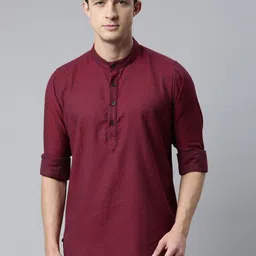 Cross Court Geometric Woven Design Mandarin Collar Cotton Short Straight Kurta-image-87