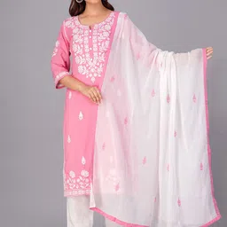 DORIYA Floral Embroidered Round Neck Straight Kurta With Palazzos & Dupatta-15