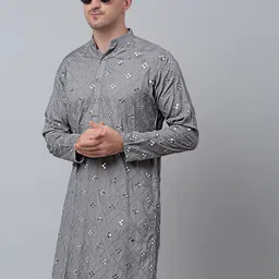 Jompers Mandarin Collar Embroidered Mirror Work Pure Cotton Kurta-image-27