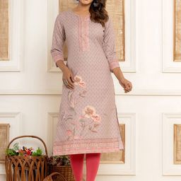 Yufta Peach Floral Printed Notch Neck Three-Quarter Sleeves Pure Cotton Straight Kurta-image-70