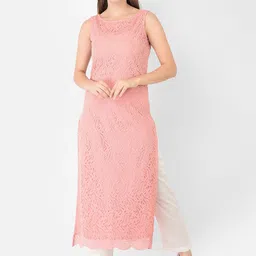 Ojjasvi Women Peach-Coloured Ethnic Motifs Self Design Lace Straight Kurta-picture-24