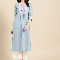Varanga Women Blue Yoke Design Cotton Straight Kurta-image-24