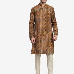 THE KURTA COMPANY Ethnic Motifs Printed Mandarin Collar Straight Silk Kurta-image-89