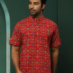 AKS Ethnic Motifs Printed Mandarin Collar Roll-Up Sleeves Cotton A-Line Kurta-picture-43