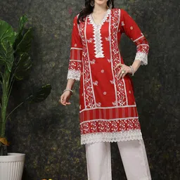 plusS Red Ethnic Motifs Printed V-Neck Pure Cotton Kurta-image-45