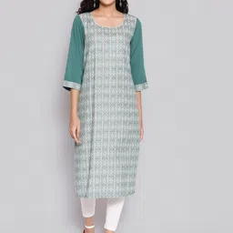 AURELIA Women Green & White Geometric Printed Thread Work Pure Cotton Kurta-14