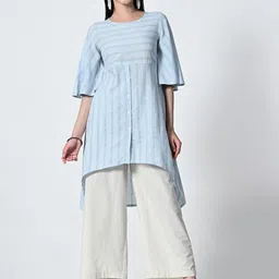 ALL WAYS YOU Stiped Bell Sleeves Round Neck Sequinned Cotton A-Line Kurta-12