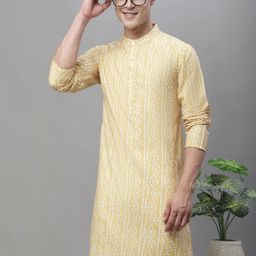 Anouk Yellow & white Bandhani Printed Band Collar Pure Cotton Kurta-image-10