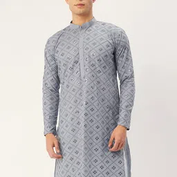 Jompers Men Grey Ethnic Motifs Embroidered Thread Work Kurta-picture-33