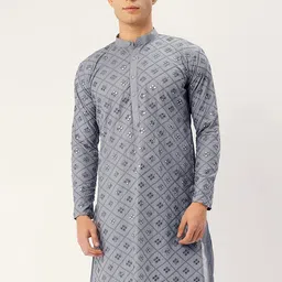 Jompers Men Grey Mirror Work Kurta-image-20