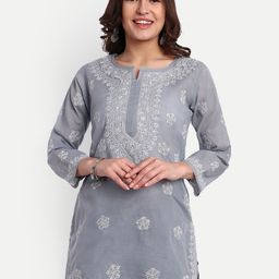 ADA Grey Floral Embroidered Thread Work Pure Cotton Thread Work Kurti-image-88