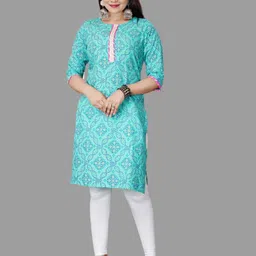 aayusika Women Turquoise Blue Ethnic Motifs Printed Mirror Work Pure Cotton Kurta-image-35