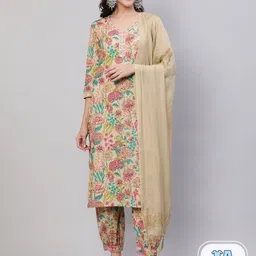 SAABHI Floral Printed Mirror Work Pure Cotton Kurta With Palazzos & Dupatta-11